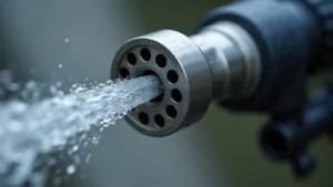 Close-up of precision water jet nozzle attachment with multiple small ports visible, metallic finish, professional drain cleaning equipment detail shot, shallow depth of field