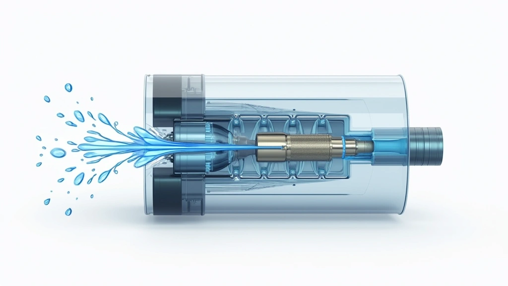 Cutaway technical diagram visualization showing high-pressure water jet system mechanics with directional flow patterns and internal chamber, clean professional rendering, no text labels