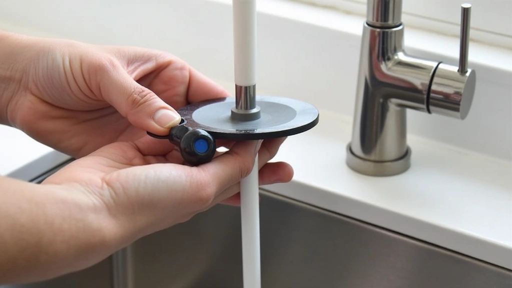 Hands-on demonstration of compact drain cleaning device being attached to standard kitchen sink faucet, modern stainless steel sink background, clear connection points visible