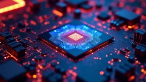 Close-up of advanced GPU computing hardware with illuminated circuit patterns and thermal imaging, showing high-performance processing chips in a modern data center environment