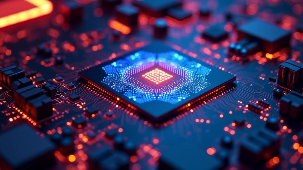 Close-up of advanced GPU computing hardware with illuminated circuit patterns and thermal imaging, showing high-performance processing chips in a modern data center environment