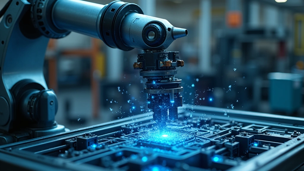 Robotic arm performing precision manufacturing task with AI-guided motion, metallic components and industrial workspace with blue LED indicators and digital overlays
