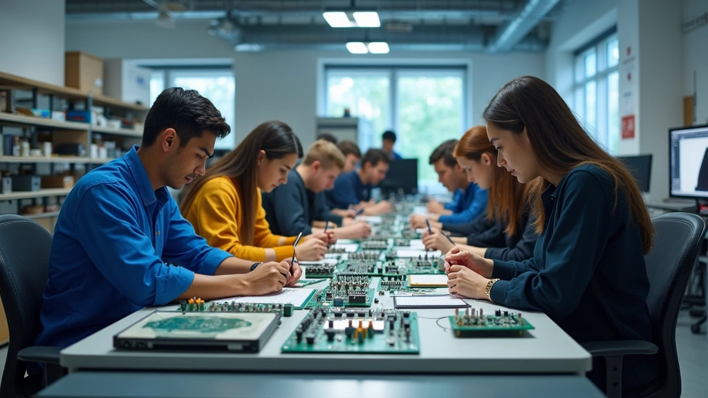 Modern engineering laboratory with diverse students working on circuit boards and electronic components, advanced equipment visible, collaborative workspace atmosphere, natural lighting, realistic professional setting