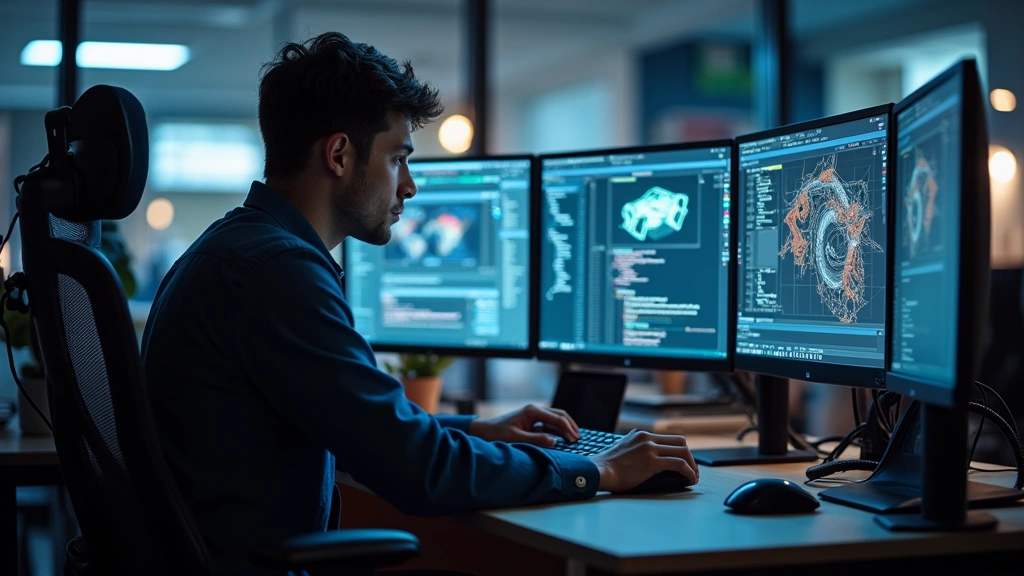 Young engineer working at computer workstation with multiple monitors displaying code and CAD software, modern tech office environment, focused concentration, professional equipment and setup