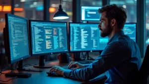 Professional engineer working at computer workstation with multiple monitors displaying code and system architecture diagrams in modern tech office environment