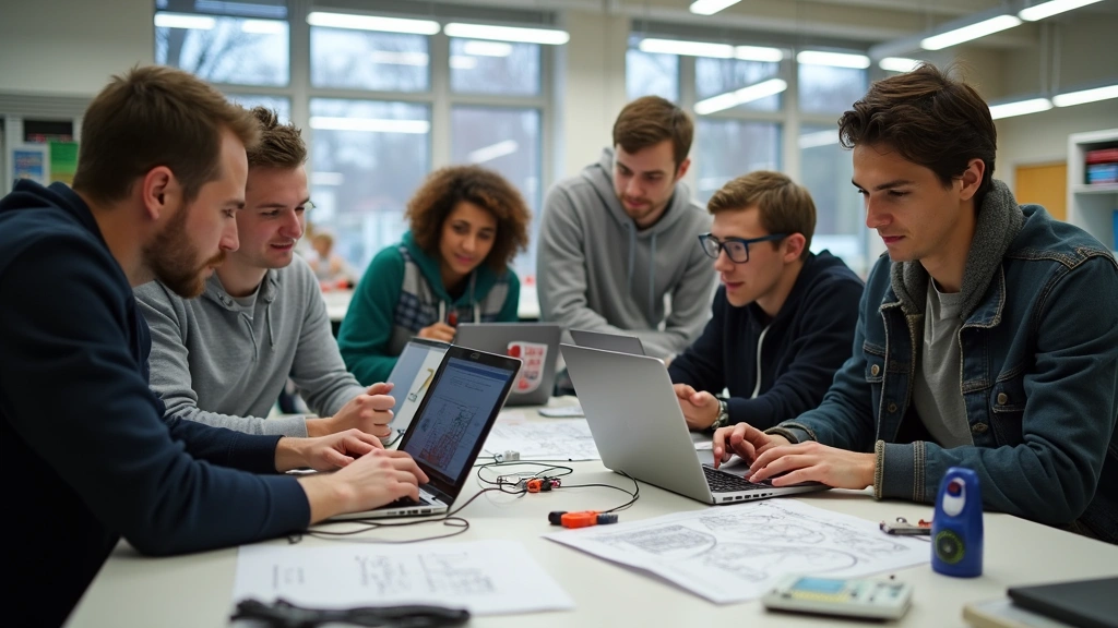 Diverse group of engineering students collaborating on capstone project with laptops, prototyping equipment, and technical diagrams in university laboratory setting