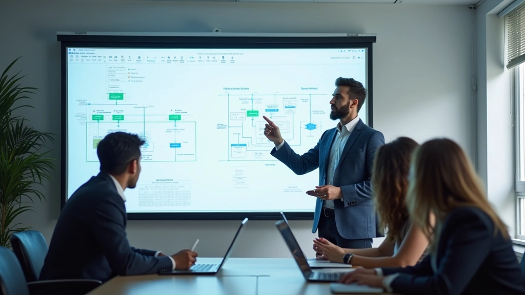Senior software engineer presenting technical solution to team in conference room with whiteboard showing system design and architecture diagrams