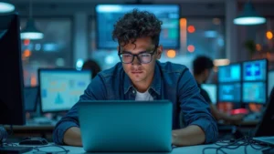 Modern engineering student working at laptop in high-tech laboratory with advanced computing equipment, focused on programming or design work, professional tech environment