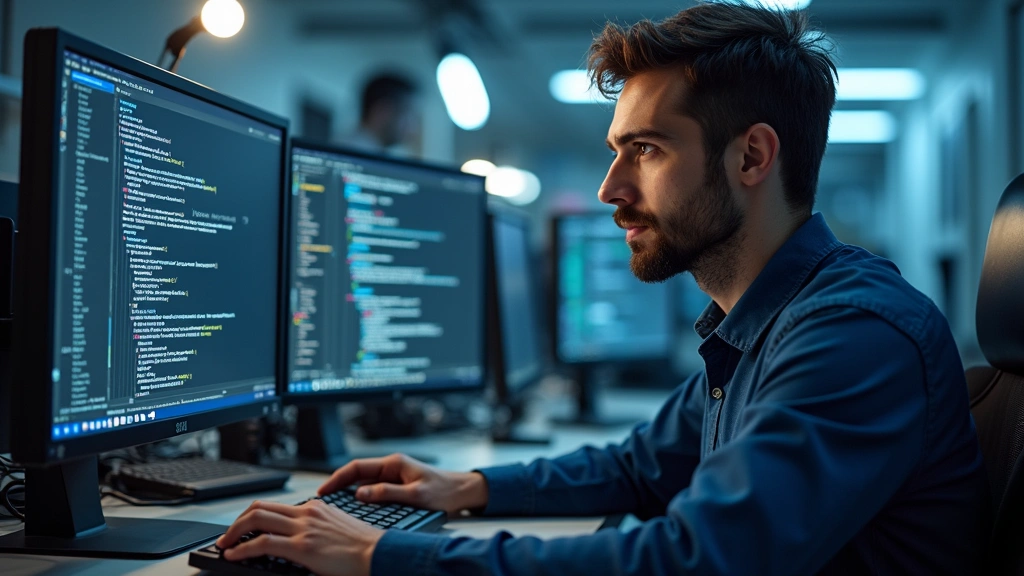 Professional engineering student working on computer with programming code displayed on dual monitors in modern laboratory setting, focused expression, technological equipment in background