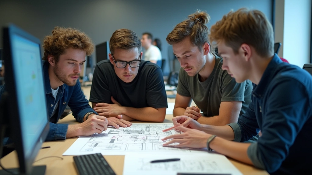 Diverse group of engineering students collaborating on a complex project using CAD software and technical drawings, multiple computer workstations visible, collaborative learning space