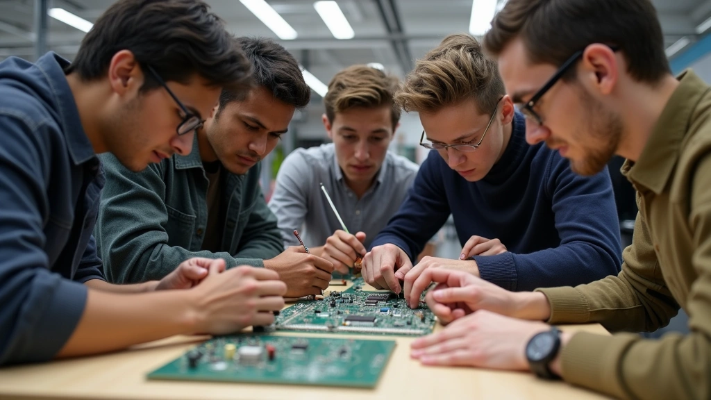 Group of diverse engineering students collaborating on electronic circuit board project in hands-on workshop environment, soldering tools and components visible, teamwork in action