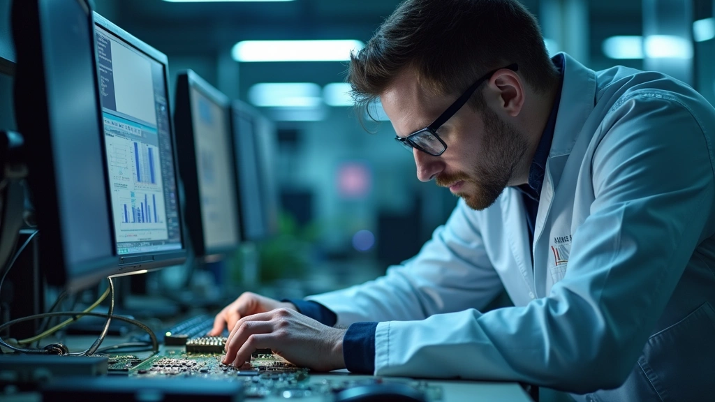 Professional engineer or developer testing cutting-edge technology hardware, circuit boards, and electronic components in a sophisticated tech facility or research lab