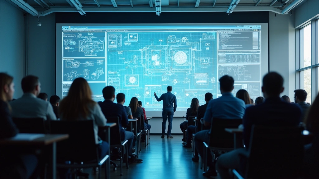 Modern college campus lecture hall with engineering students attending class on advanced technology topics, professor using interactive whiteboard with circuit diagrams and technical content