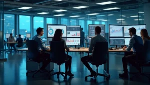 Professional business team collaborating around modern workstations with multiple monitors displaying analytics dashboards and data visualizations in sleek corporate office environment