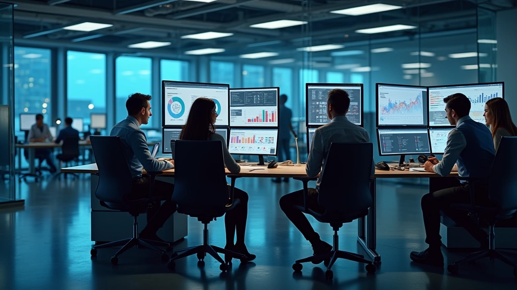 Professional business team collaborating around modern workstations with multiple monitors displaying analytics dashboards and data visualizations in sleek corporate office environment