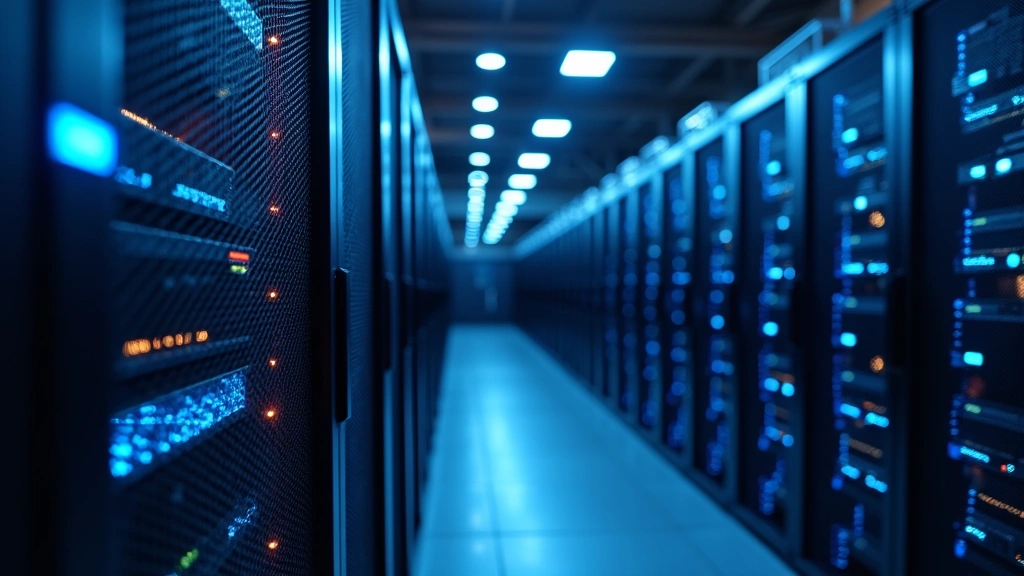 Enterprise data center server racks with networking equipment, blue LED indicators glowing, fiber optic cables connecting infrastructure representing cloud computing and DevOps