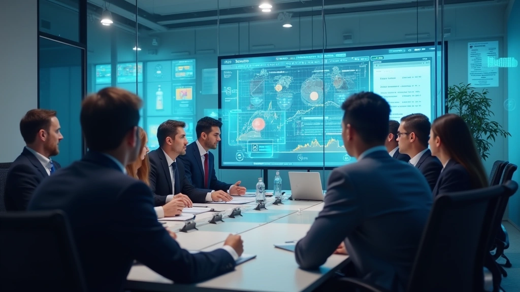 Business professionals in conference room reviewing holographic project management interface and workflow automation system on transparent display screens