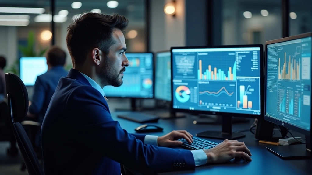 Professional B2B tech marketer analyzing data on multiple computer monitors showing dashboards and analytics reports, modern office environment, professional attire, focused expression