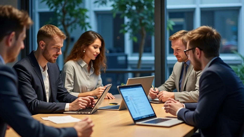 Team of tech professionals collaborating around conference table reviewing press release strategy, laptops and tablets visible, modern corporate setting with technology equipment