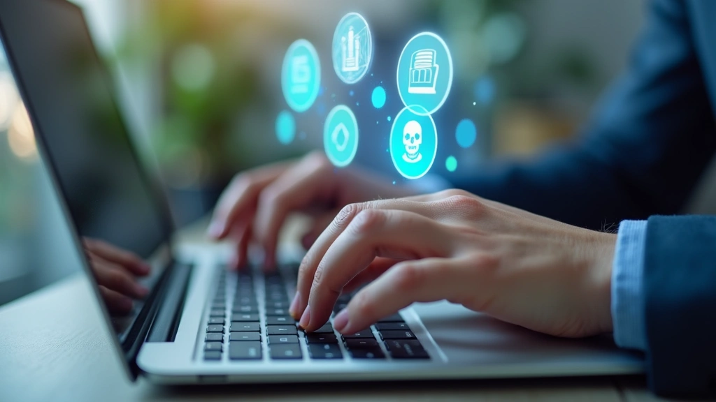 Close-up of PR professional's hands typing on keyboard with notification badges and media outreach icons floating above laptop screen, representing digital communication and journalist networking