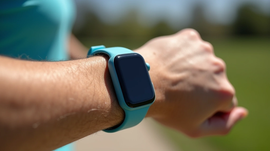 Baby blue smartwatch on athletic wrist during outdoor running session, bright daylight, clear sky, showing watch face and band detail with sweat visible
