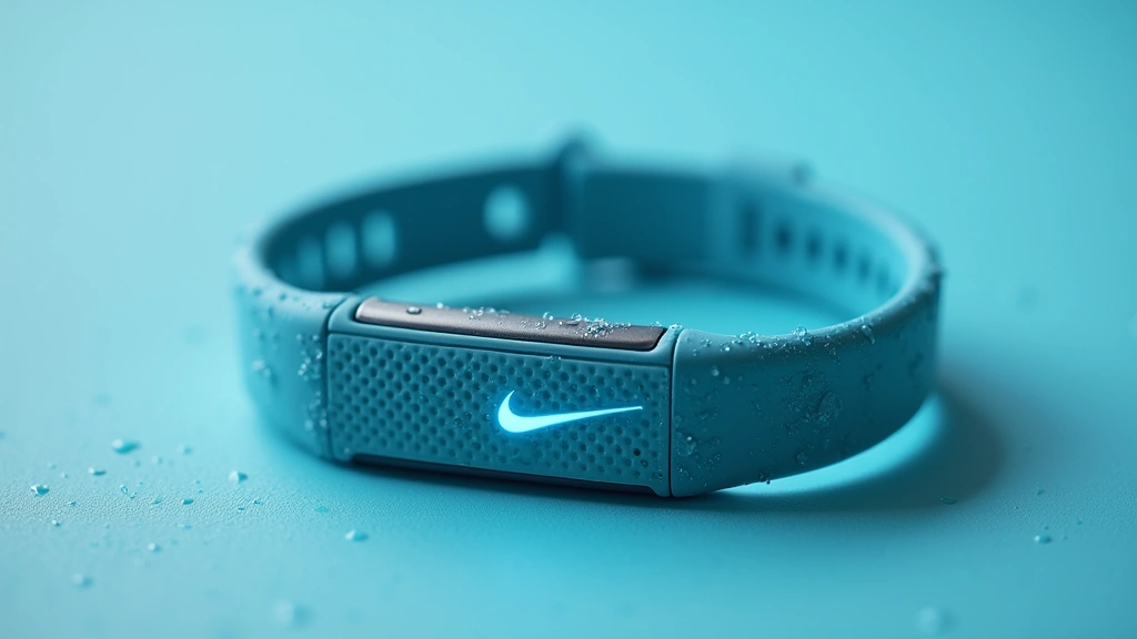 Baby blue Nike fitness tracker band close-up showcasing fluoroelastomer material texture, water droplets visible, professional product photography style