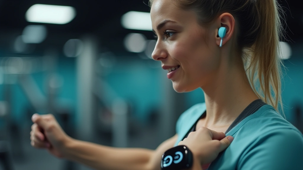Person wearing complete baby blue Nike tech ecosystem including watch and earbuds during gym strength training workout, fitness facility background with weights visible