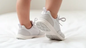 Close-up of baby feet wearing premium athletic shoes with visible cushioning technology and flexible sole design, soft natural lighting, white background