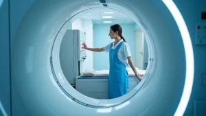 Professional radiologic technologist operating advanced CT scanner in modern hospital imaging department, wearing protective lead apron and positioning control panel with focused concentration