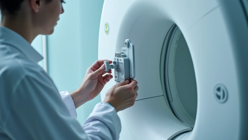 Close-up of radiologic technologist hands adjusting positioning equipment on MRI machine, demonstrating technical precision and equipment familiarity in clinical radiology setting
