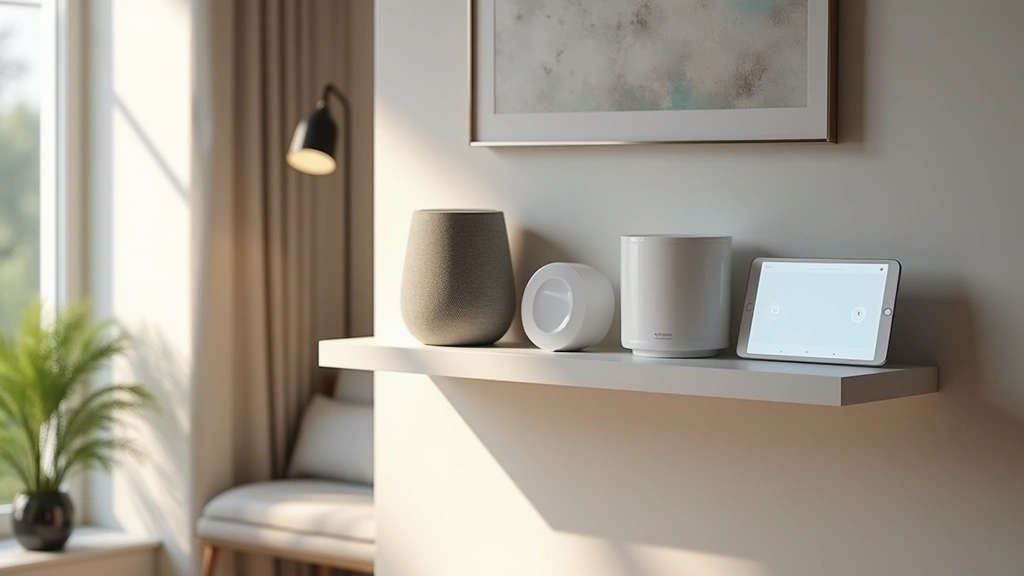 Modern smart home hub with multiple connected IoT devices displayed on sleek white shelving unit, featuring smart speaker, connected thermostat, and wireless security device in contemporary minimalist living room with soft warm lighting