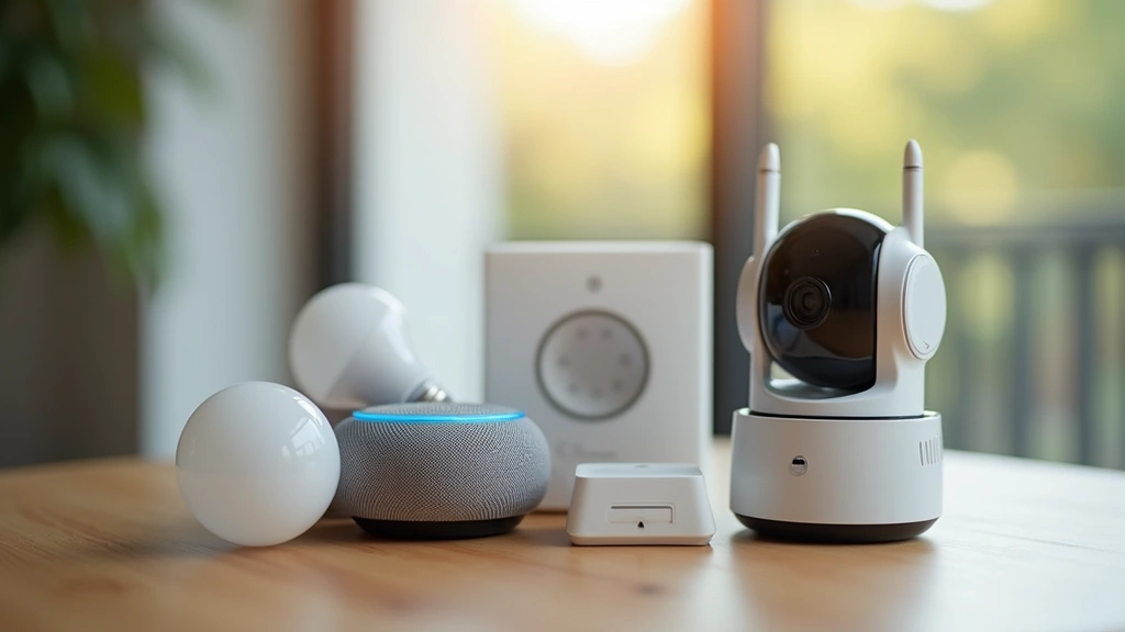 Close-up of smart home devices ecosystem showing interconnected gadgets including voice assistant, smart bulbs, thermostat, and security camera arranged on wooden surface with soft focus background