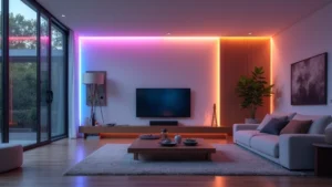Modern minimalist living room with integrated smart lighting system, ambient color-changing LED strips, and wireless speakers seamlessly blended into contemporary furniture and decor, professional product photography style