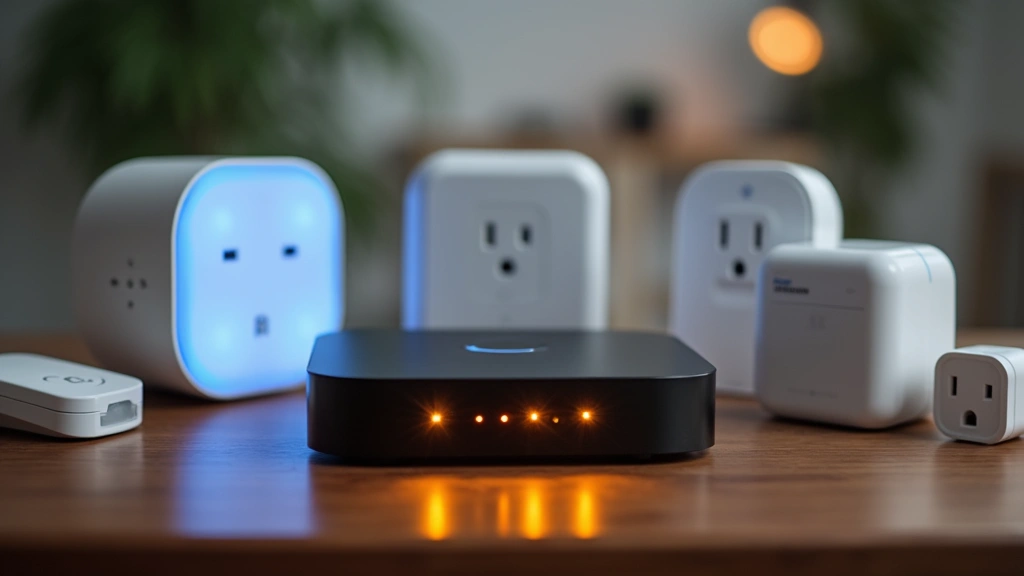Close-up of smart home hub device with illuminated indicator lights, surrounded by various IoT sensors, smart plugs, and wireless security devices arranged on wooden table with subtle technology aesthetic