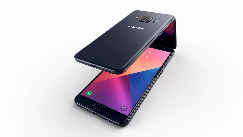 Samsung Galaxy Z Flip5 smartphone in midnight black color, completely unfolded displaying full 6.7-inch AMOLED screen with vibrant colors and 120Hz refresh rate, photographed against neutral white background with natural lighting