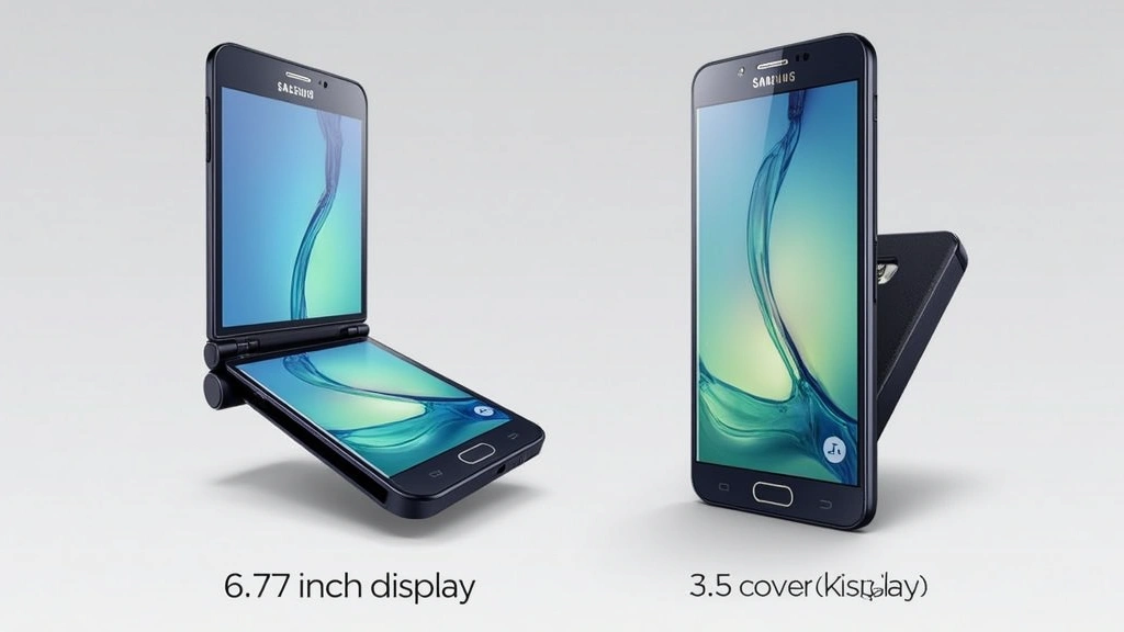 Galaxy Z Flip5 partially unfolded at 45-degree angle showing both the internal 6.7-inch display and external 3.4-inch cover display, demonstrating size difference and multi-window capability with clear visibility