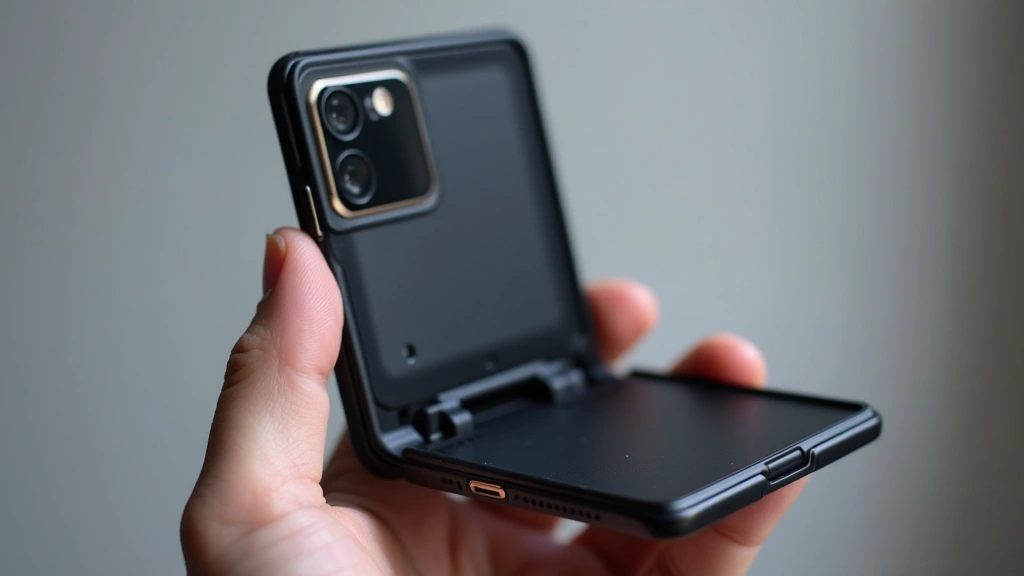 Samsung Galaxy Z Flip5 folded closed showing back panel with dual camera setup and large cover display, positioned in hand showing compact pocket-friendly form factor, with soft studio lighting highlighting matte finish texture