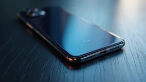 High-end flagship smartphone with titanium edges and premium display, positioned on reflective surface with studio lighting, showing sleek design details and camera system