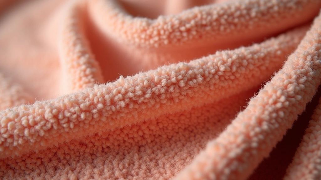 Close-up of brushed fleece fabric texture showing soft, pillowy surface with visible fiber detail, photographed with warm studio lighting highlighting the material's dense construction, no logos visible
