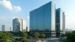 Modern glass and steel technology park building with contemporary architecture, professional office exterior, Bangalore cityscape background, daytime, high-end commercial real estate photography