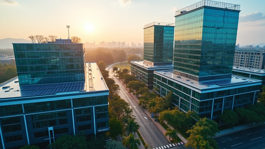 Modern glass and steel office buildings with solar panels on rooftops, reflecting sunlight, professional tech campus architecture, daytime aerial perspective