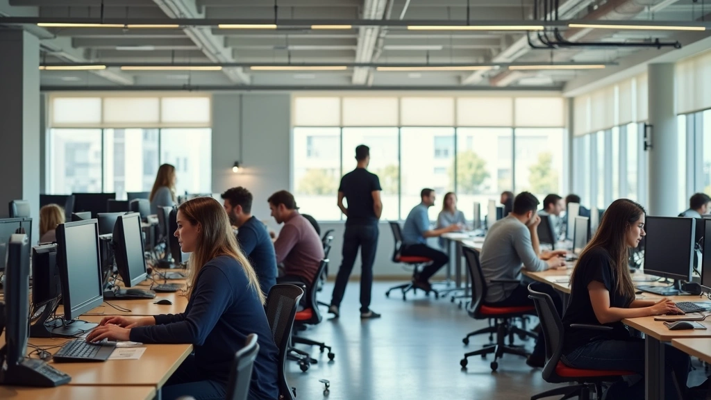 Open-plan collaborative workspace with diverse professionals working at modern desks, multiple computer monitors, bright natural lighting, contemporary office design