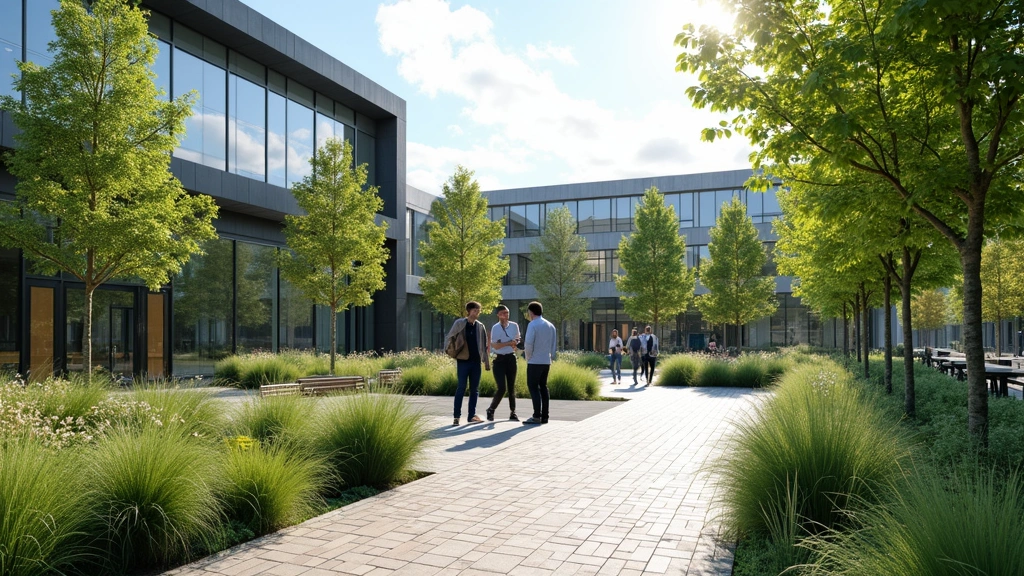 Outdoor plaza area within tech park featuring green landscaping, professional employees networking, modern architecture in background, sustainable campus environment