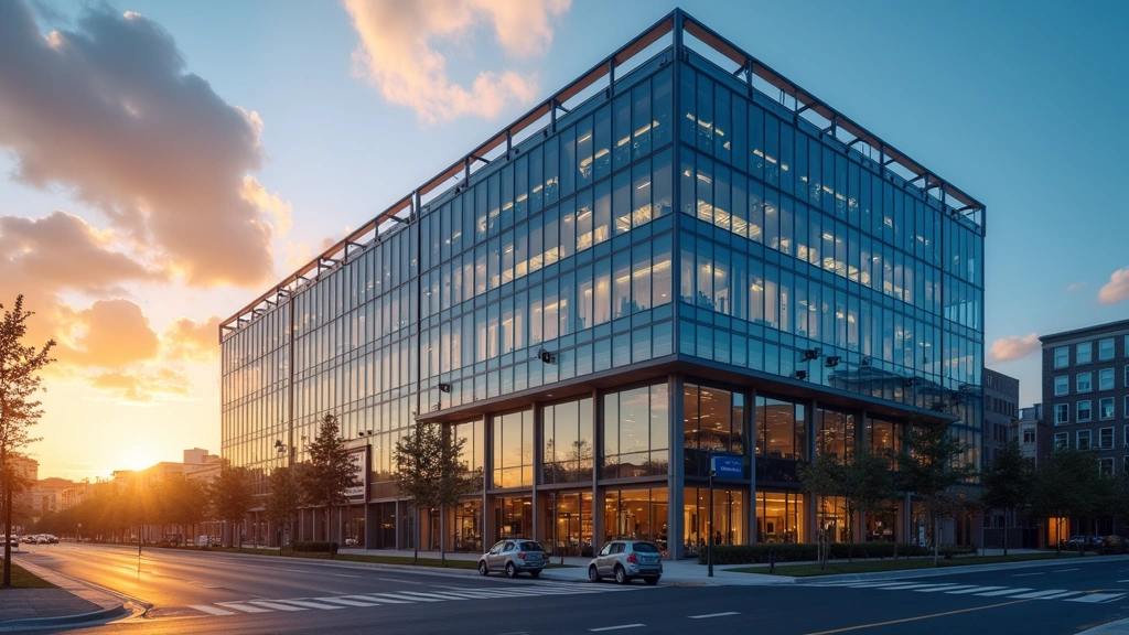 Modern glass office buildings with steel framework at sunset, professional architecture, wide angle establishing shot, no signage visible