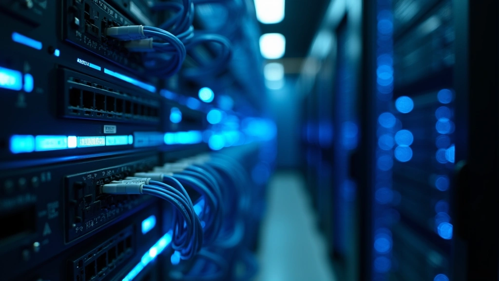 High-speed fiber optic cables and network equipment in data center, blue LED lights, detailed close-up of connectivity infrastructure, server racks background
