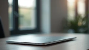 Premium aluminum laptop displaying sleek minimalist design with thin profile, professional silver finish, open on desk with modern workspace background