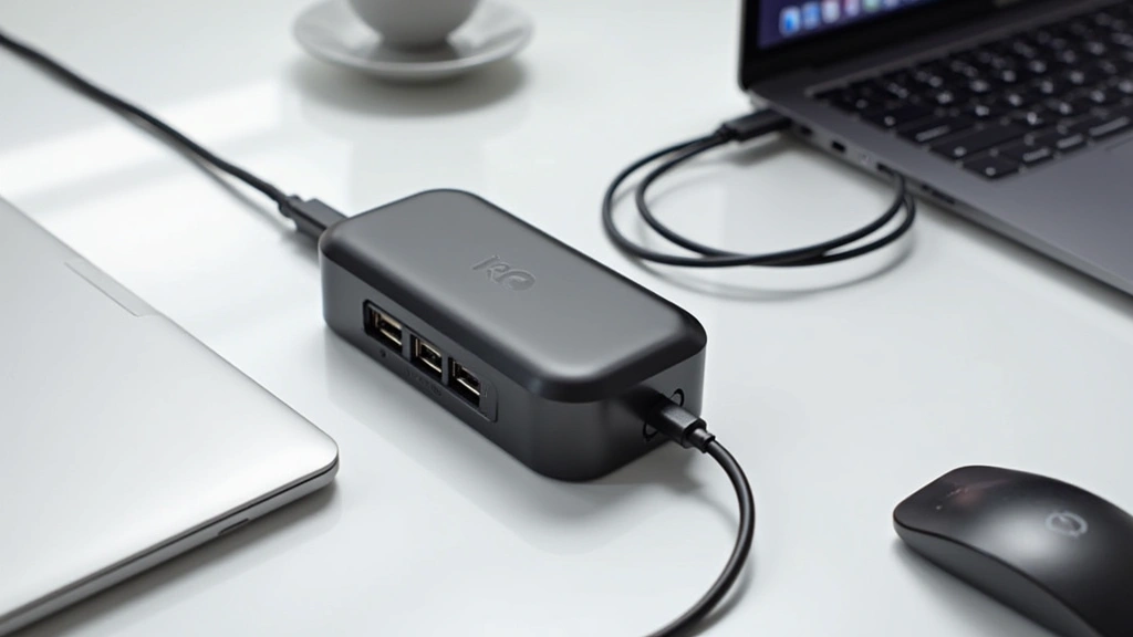 Portable tech device with multiple USB-C ports, charging cable, and wireless peripherals arranged on minimalist workspace, demonstrating connectivity options and professional setup