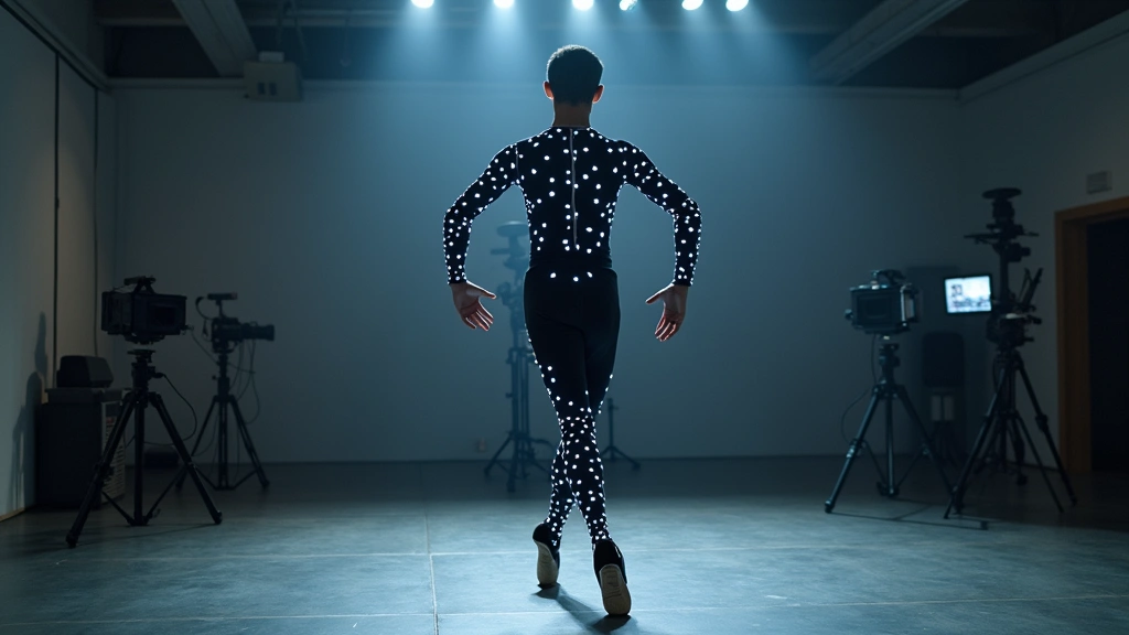 Professional ballet dancer wearing reflective motion capture suit with multiple markers during training session in studio with overhead cameras and sensor equipment capturing movement data