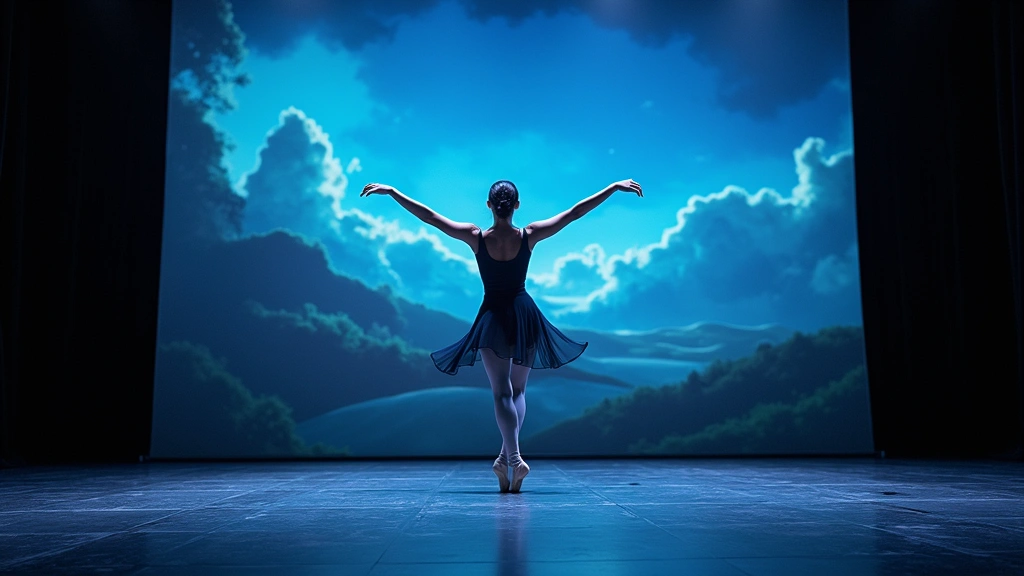 Dancer in pointe shoes performing on theater stage with advanced projection mapping creating dynamic digital landscape background, responsive lighting synchronized with choreography