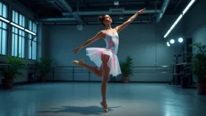 Professional ballet dancer in studio with infrared motion capture markers on body, multiple camera arrays visible, modern tech-enabled dance space, photorealistic